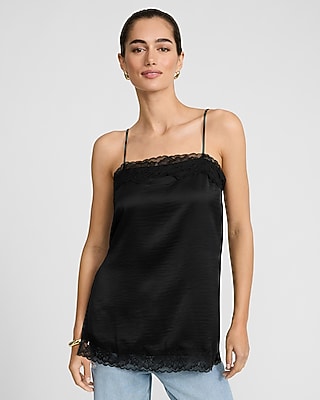 Express Women's Satin Lace Trim Square Neck Tunic Cami in Black Small