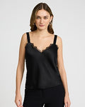 Express Women's Satin Lace Trim V-Neck Wide Strap Cami in Black Small
