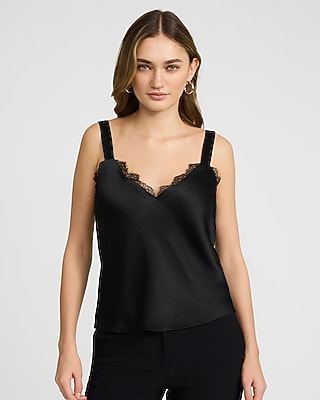 Express Women's Satin Lace Trim V-Neck Wide Strap Cami in Black Small