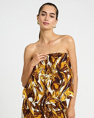 Express Women's Summer-Blend Linen Printed Ruched Flowy Tube Top in Multi
