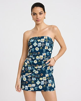 Express Women's Summer-Blend Linen Printed Smocked Back Tube Top in Blue Print