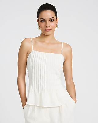 Express Women's Summer-Blend Linen Pintuck Peplum Cami in White Small