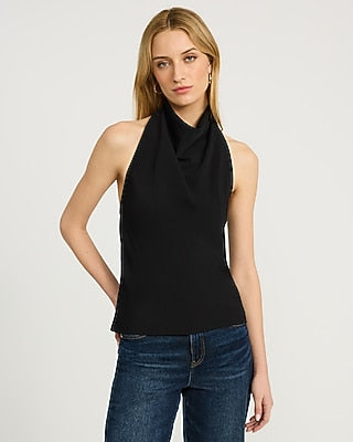 Express Women's Halter Cowl Neck Open Back Tank Top in Pitch Black