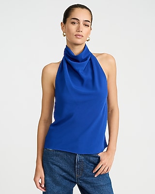 Express Women's Halter Cowl Neck Open Back Tank Top in Blue Small