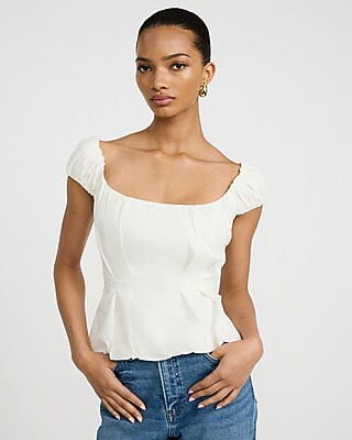 Express Women's Stretch Cotton Poplin Puff Sleeve Smocked Back Peplum Top in White Small