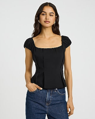 Express Women's Stretch Cotton Poplin Puff Sleeve Smocked Back Peplum Top in Black Small
