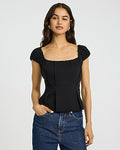 Express Women's Stretch Cotton Poplin Puff Sleeve Smocked Back Peplum Top in Pitch Black