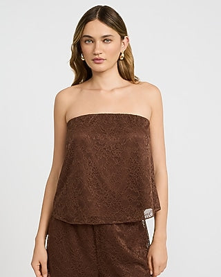 Express Women's Strapless Flowy Lace Tube Top in Brown Small