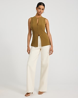 Express Women's Luxe Stretch Crew Neck Keyhole Tailored Cutaway Tank Top in Brown Small
