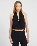 Express Women's Halter V-Neck Tie Front Keyhole Bubble Tank Top in Pitch Black