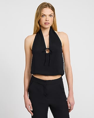 Express Women's Halter V-Neck Tie Front Keyhole Bubble Tank Top in Pitch Black