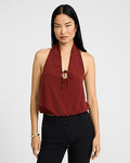 Express Women's Halter V-Neck Tie Front Keyhole Bubble Tank Top in Brown Small