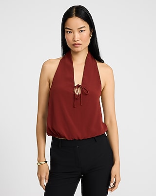 Express Women's Halter V-Neck Tie Front Keyhole Bubble Tank Top in Brown Small