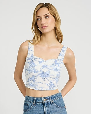 Express Women's Printed Sweetheart Smocked Back Crop Top in Blue