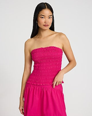 Express Women's Poplin Strapless Smocked Tube Top in Hot Pink