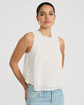 Express Women's Sheer Lace Back Pleated Front Crew Neck Tank Top in Ivory