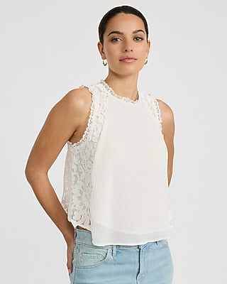 Express Women's Sheer Lace Back Pleated Front Crew Neck Tank Top in White Small