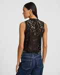 Express Women's Sheer Lace Back Pleated Front Crew Neck Tank Top in Black Small