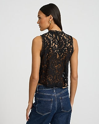 Express Women's Sheer Lace Back Pleated Front Crew Neck Tank Top in Black Small