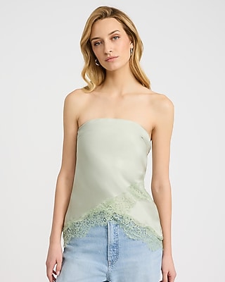 Express Women's Satin Lace Tube Top in Sage