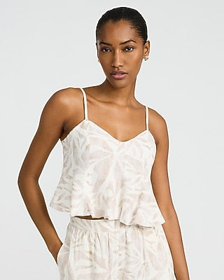 Express Women's Summer-Blend Linen Printed Peplum Cami in Silver Sage