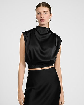 Express Women's Satin Mock Neck Ruched Top in Black Small