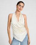 Express Women's Satin Ruched Asymmetrical Surplice Tank Top in White Small