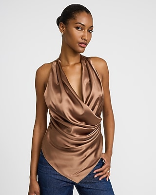Express Women's Satin Ruched Asymmetrical Surplice Tank Top in Brown Small