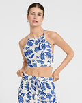 Express Women's Printed Strappy Open Back Crop Top in Blue Print