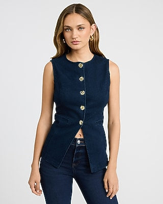 Express Women's Stretch Denim Crew Neck Cutaway Blazer Vest in Blue Small