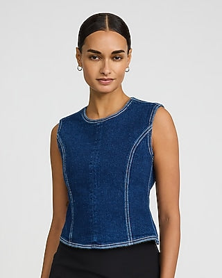 Express Women's Crew Neck Tie Open Back Top in Dark Wash