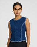 Express Women's Dark Wash Crew Neck Tie Open Back Top in Blue Small