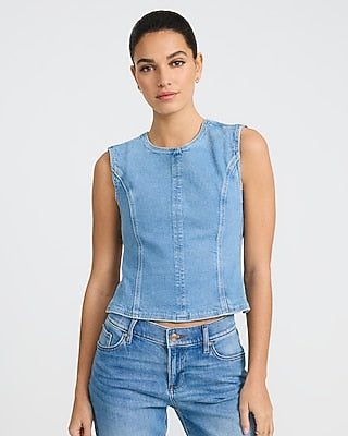 Express Women's Crew Neck Tie Open Back Top in Light Wash