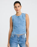 Express Women's Light Wash Crew Neck Tie Open Back Top in Blue Small