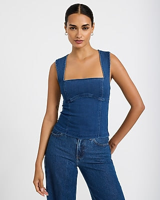 Express Women's Stretch Denim Square Neck Open Back Hardware Tank Top in Blue Small