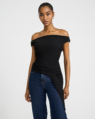 Express Women's Off The Shoulder Cowl Back Draped Side Top in Black Small
