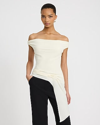 Express Women's Off The Shoulder Cowl Back Draped Side Top in Neutral Small