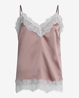 Express Women's Satin Lace Trim V-Neck Cami in Neutral Small