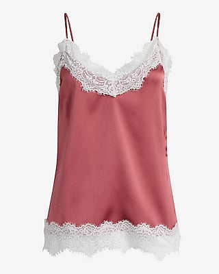 Express Women's Satin Lace Trim V-Neck Cami in Pink Small