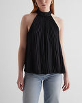 Express Women's Tie Halter Neck Pleated Top in Black Small