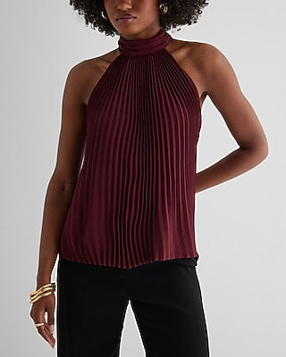 Express Women's Tie Halter Neck Pleated Top in Purple Small