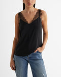 Express Women's Satin Lace Strap V-Neck Downtown Cami in Pitch Black