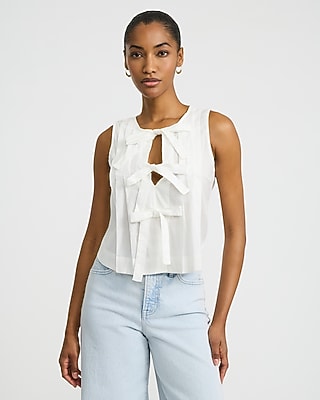 Express Women's Cotton Poplin Pleated Bow Front Cutout Tank Top in White Small