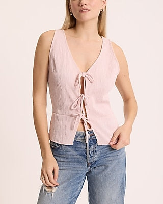 Express Women's Textured V-Neck Tie Front Tank Top in Pink Small