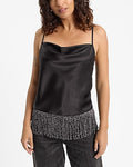 Express Women's Satin Cowl Neck Fringe Hem Cami in Black Small