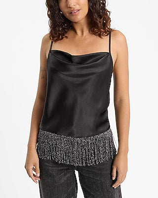 Express Women's Satin Cowl Neck Fringe Hem Cami in Black Small