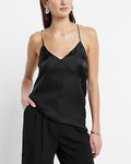 Express Women's Satin Seamed V-Neck Cross-Back Downtown Cami in Pitch Black