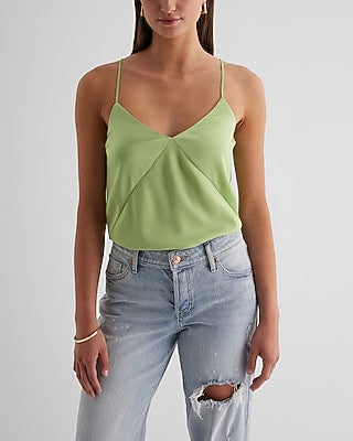 Express Women's Satin Seamed V-Neck Cross-Back Downtown Cami in Mint Green