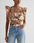 Express Women's Floral V-Neck Flutter Sleeve Ruched Top in Print