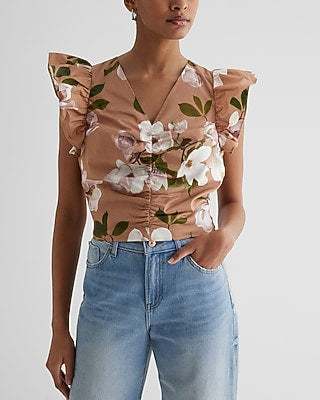 Express Women's Floral V-Neck Flutter Sleeve Ruched Top in Print